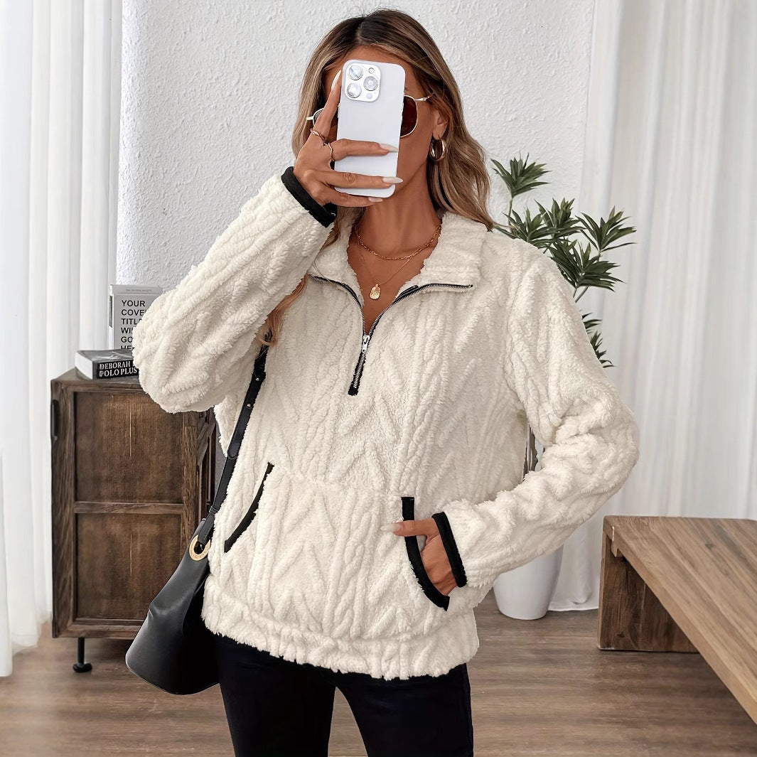 Damen Flauschiger Teddy-Pullover mit hohem Kragen und Eingrifftaschen EB