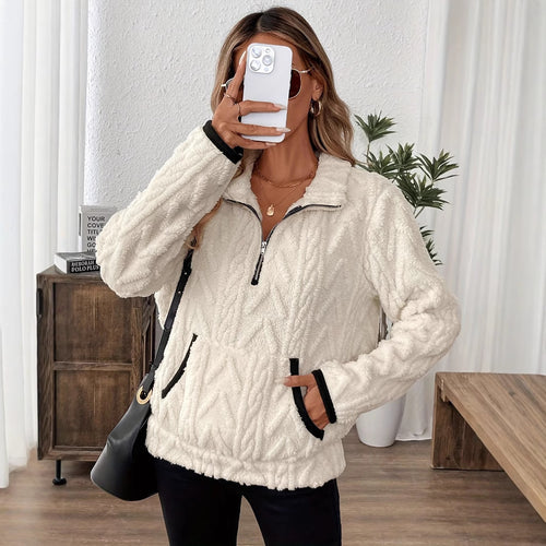Damen Flauschiger Teddy-Pullover mit hohem Kragen und Eingrifftaschen EB