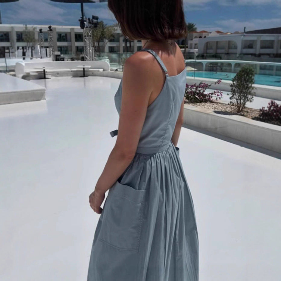 Damen Maxi-Kleid mit schwingendem Rock und praktischen Seitentaschen EB