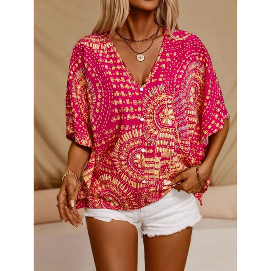 Damen Strandbluse im lässigen Boho-Stil mit bunten Mustern und voluminösen Ärmeln EB