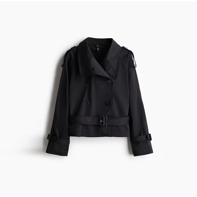Damen trendige Kurzjacke im modernen Trenchcoat-Stil mit breitem Kragen und Taillengürtel EB