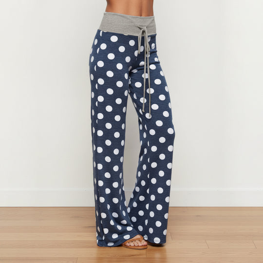 Damen nan ausgestellte Palazzo-Loungehose mit hohem Komfortbund, Kordelzug und gepunktetem Dessin EB
