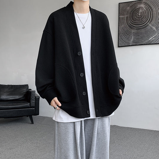 Herren nan oversized Strickcardigan mit V-Ausschnitt, aufgesetzten Rundtaschen und lässiger Drop-Shoulder-Silhouette EB