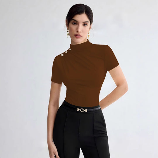 Damen elegantes Oberteil mit dekorativen Knopfdetails und modernem Stehkragen EB