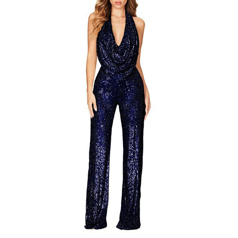 Damen Glitzerndes Jumpsuit mit tiefem V-Ausschnitt und weitem Bein EB