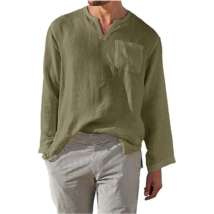 Herren Leinen Langarmshirt mit Henley-Ausschnitt und Brusttasche EB