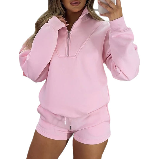 Damen nan lässiges Sweatshirt-Set mit halbem Reißverschluss, Kängurutasche und High-Waist-Shorts EB
