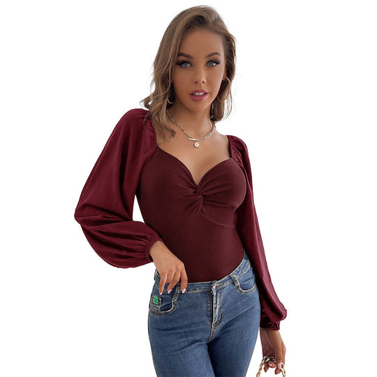 Damen Body mit eleganter Knötchen-Details und romantischen Puffärmeln EB