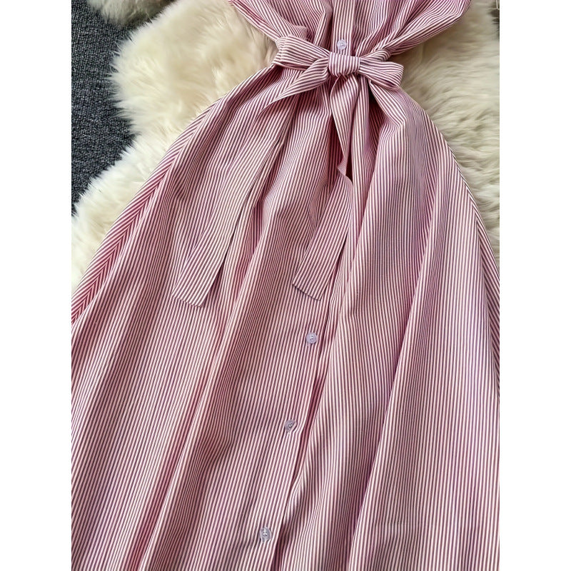 Damen Langarm Hemdblusenkleid mit Gürtel und gestreiftem Design EB