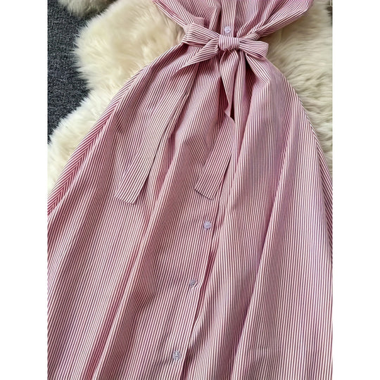 Damen Langarm Hemdblusenkleid mit Gürtel und gestreiftem Design EB