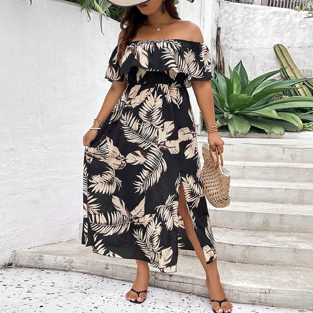 Damen Off-Shoulder Maxikleid mit raffinierten Rüschen und seitlichem Schlitz EB