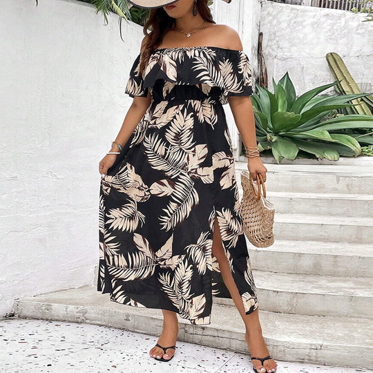 Damen Off-Shoulder Maxikleid mit raffinierten Rüschen und seitlichem Schlitz EB