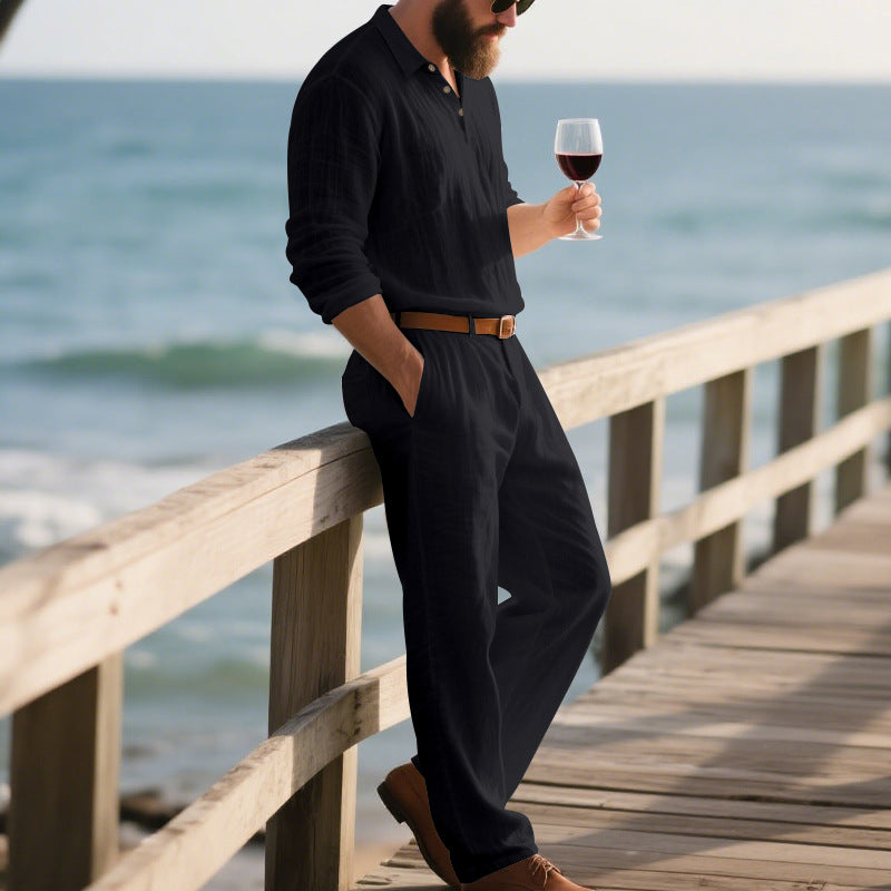 Herren eleganter Freizeit-Jumpsuit mit praktischen Taschen und stylischem Henley-Ausschnitt EB