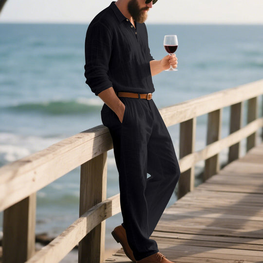 Herren eleganter Freizeit-Jumpsuit mit praktischen Taschen und stylischem Henley-Ausschnitt EB