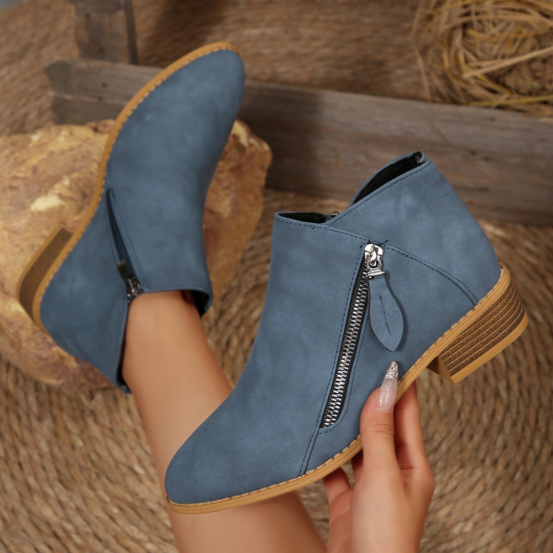 Damen Modische Stiefeletten mit seitlichem Reißverschluss und bequemem Blockabsatz EB
