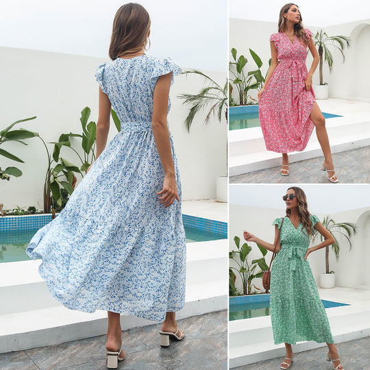 Damen Maxikleid mit floralem Muster und Taillengürtel EB
