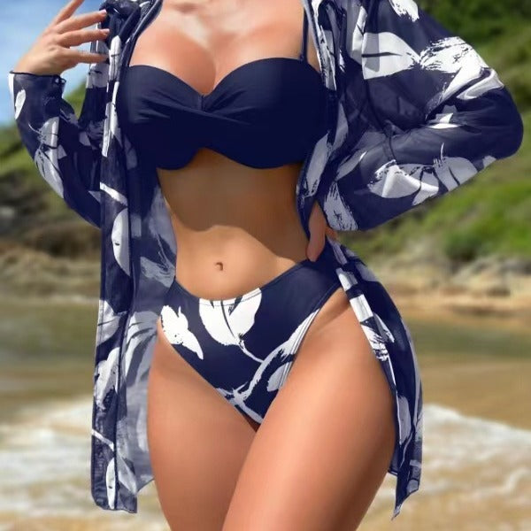 Damen Bandeau-Bikini mit floralem Muster und passendem Überwurf EB