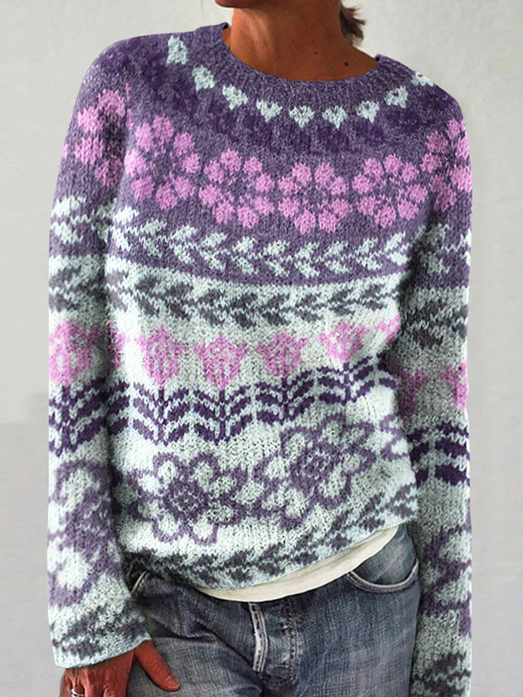 Damen nan melierter Rundhalsausschnittpullover mit kreisförmigem Jacquard-Yoke und geripptem Saum EB