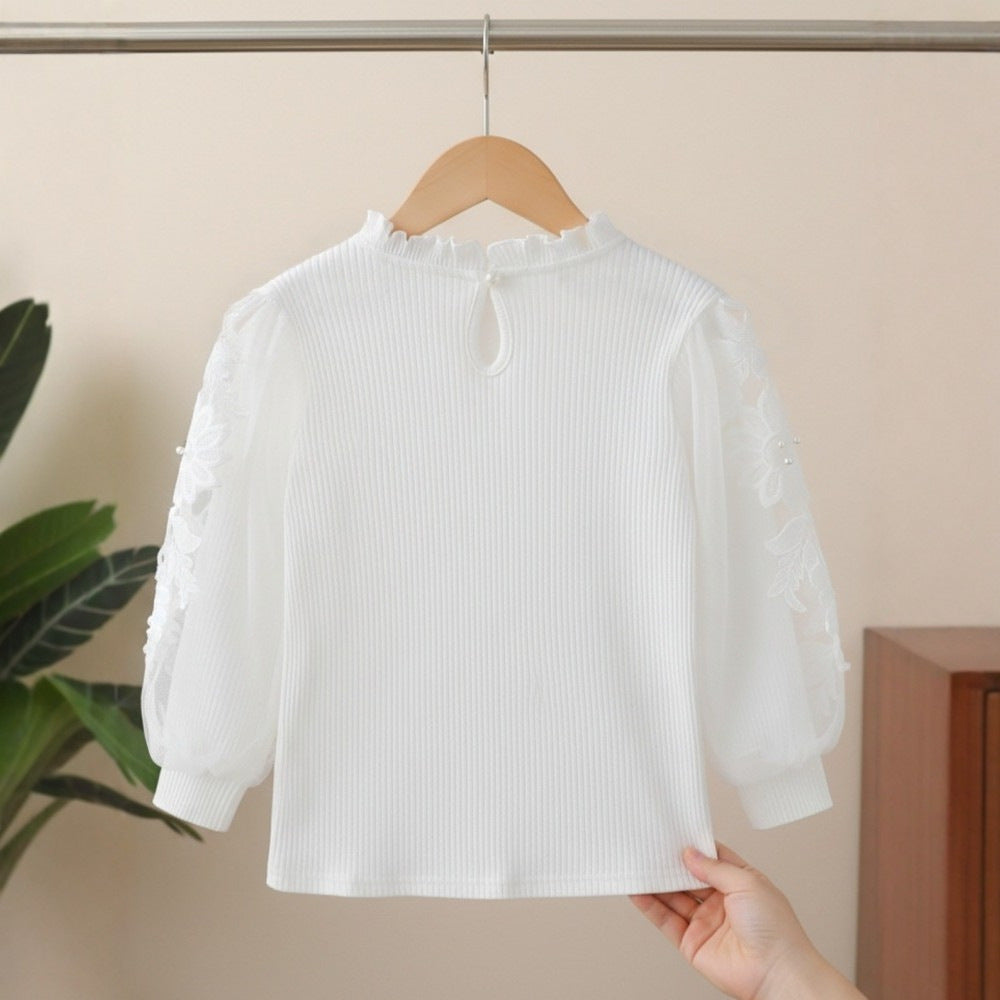 Mädchen Bluse mit Puffärmeln und floralem Spitzenbesatz EB
