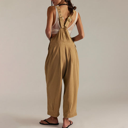 Damen lässiger Denim Overall mit tiefem V-Ausschnitt und praktischen Taschen EB