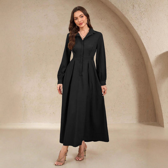 Damen Elegantes Hemdblusenkleid mit schwingendem Rock und praktischen Taschen EB