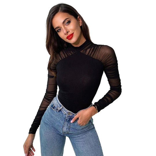 Damen Eleganter Body mit transparenten Ärmeln und speziellen Drapierungen EB