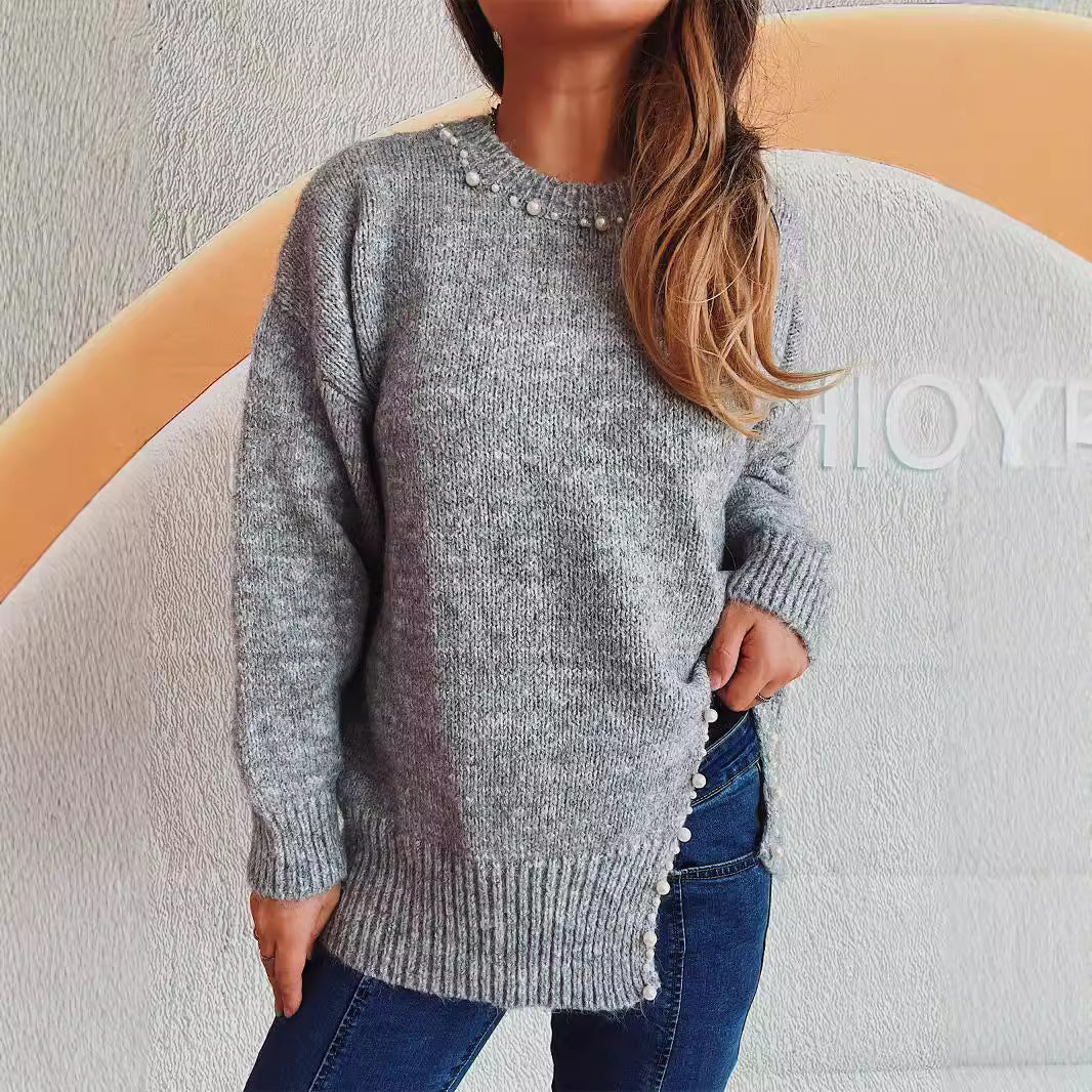 Damen Grobstrickpullover mit Perlenausschnitt und asymmetrischem Saum EB
