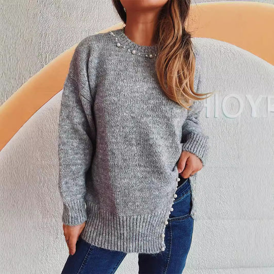 Damen Grobstrickpullover mit Perlenausschnitt und asymmetrischem Saum EB
