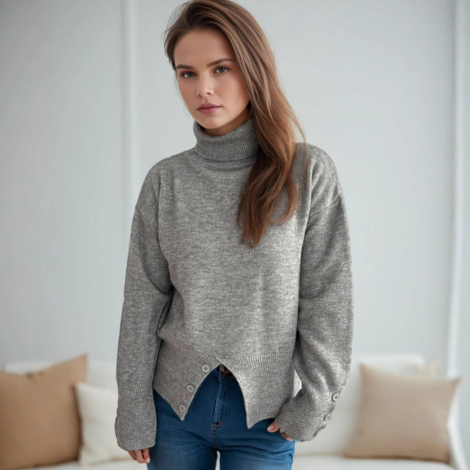 Damen modischer Rollkragenpullover mit Knopfdetails und asymmetrischem Saum EB