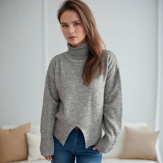 Damen modischer Rollkragenpullover mit Knopfdetails und asymmetrischem Saum EB