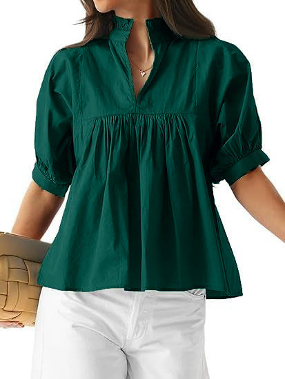 Damen elegante kurzärmlige Bluse mit Rüschendetails und lässigem Schnitt EB