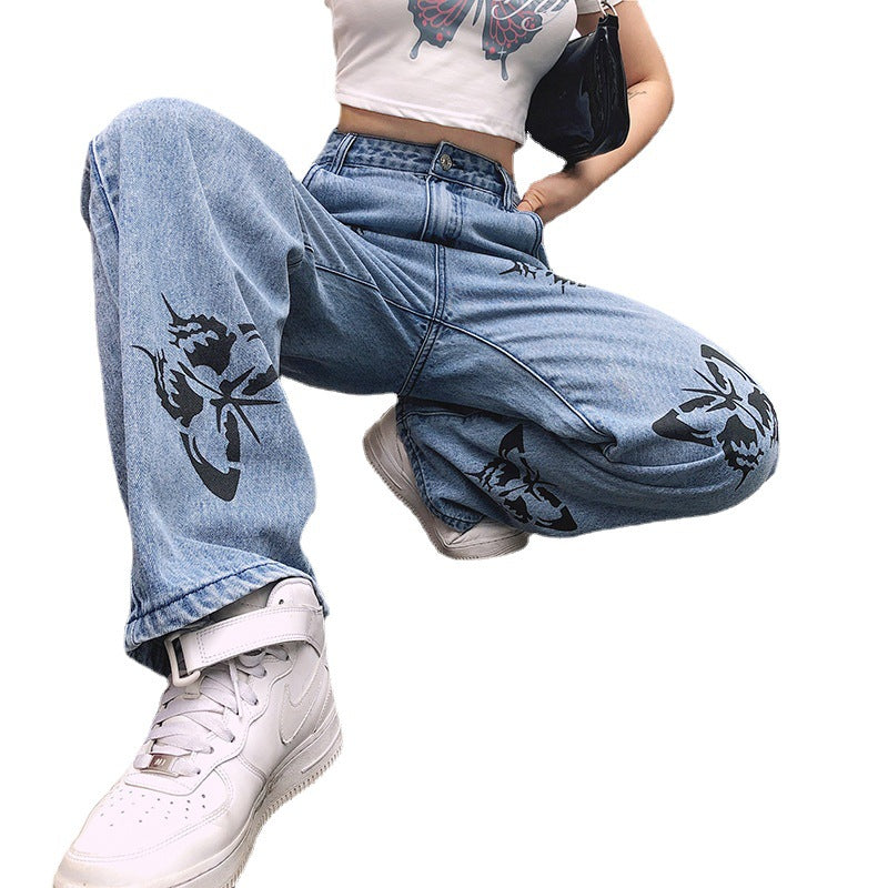 Damen weite High-Waist Jeans mit floralen Druckmotiven EB