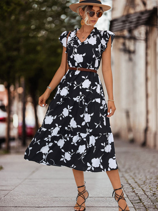 Damen Midi-Kleid mit floralen Rüschendetails und elastischem Taillengürtel EB