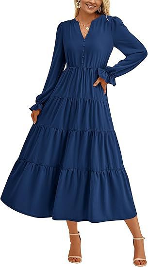 Damen Maxikleid mit knopfverzierter Front und voluminösen Ärmeln EB