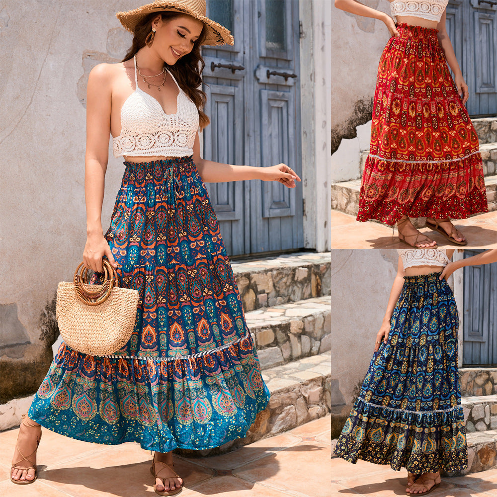 Damen Maxirock mit verspieltem Paisleymuster und Rüschendetails EB