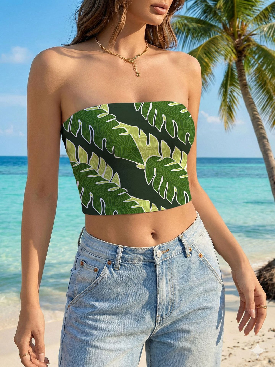Damen Bandeau-Top mit tropischem Muster EB