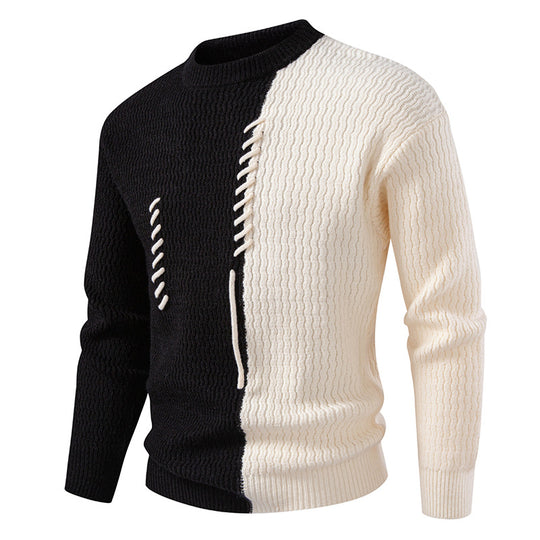 Herren nan zweigeteilter Strukturstrickpullover mit Zierband-Detail und Rundhalsausschnitt EB