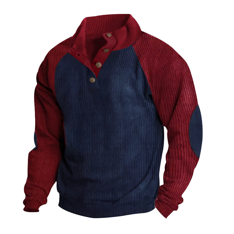 Herren Strukturiertes Raglan-Henley-Pullover mit Stehkragen, Ellenbogenpatches & Knopfleiste EB