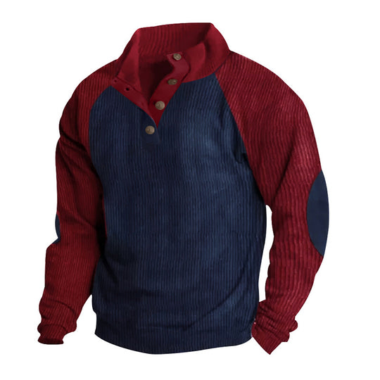 Herren Strukturiertes Raglan-Henley-Pullover mit Stehkragen, Ellenbogenpatches & Knopfleiste EB