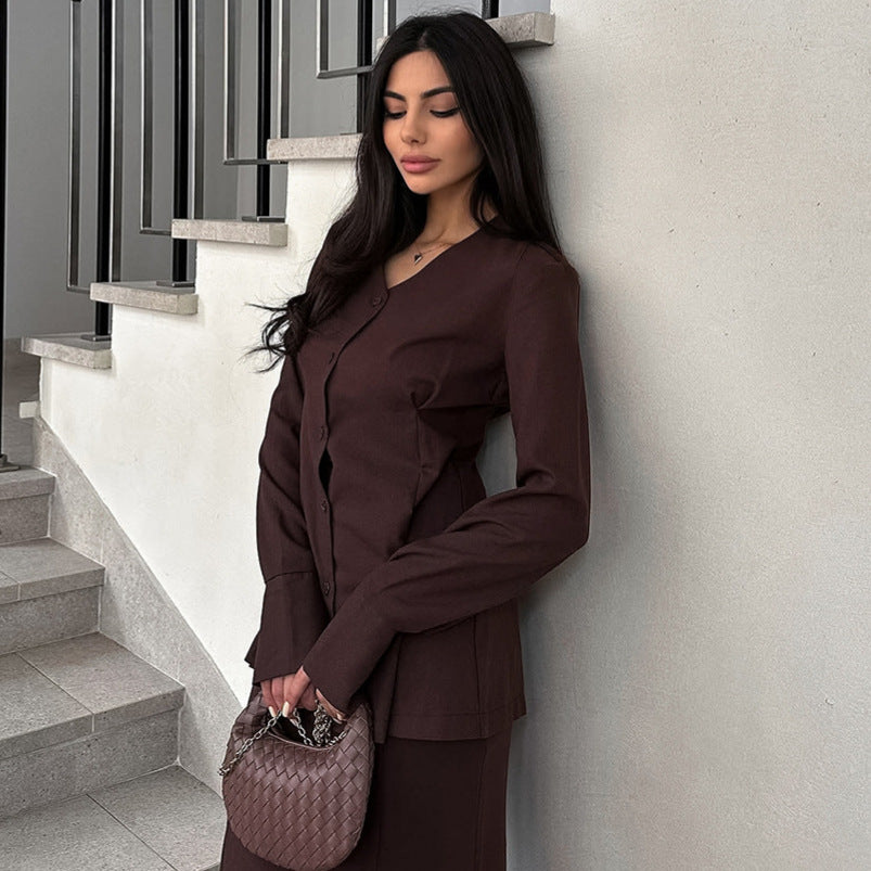 Damen Elegantes Deux-Pieces-Anzugset mit schwingendem Oberteil und bodenlangem Rock EB