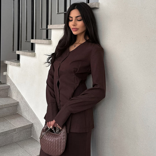 Damen Elegantes Deux-Pieces-Anzugset mit schwingendem Oberteil und bodenlangem Rock EB