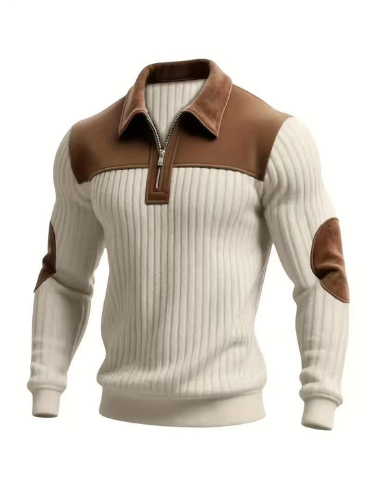 Herren nan gerippter Halbzip-Pullover mit kontrastierenden Lederapplikationen an Schultern und Ellenbogen EB