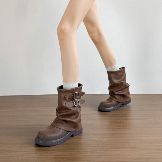 Damen modische Winterstiefel mit modischem Falten-Design und dekorativen Schnallen EB