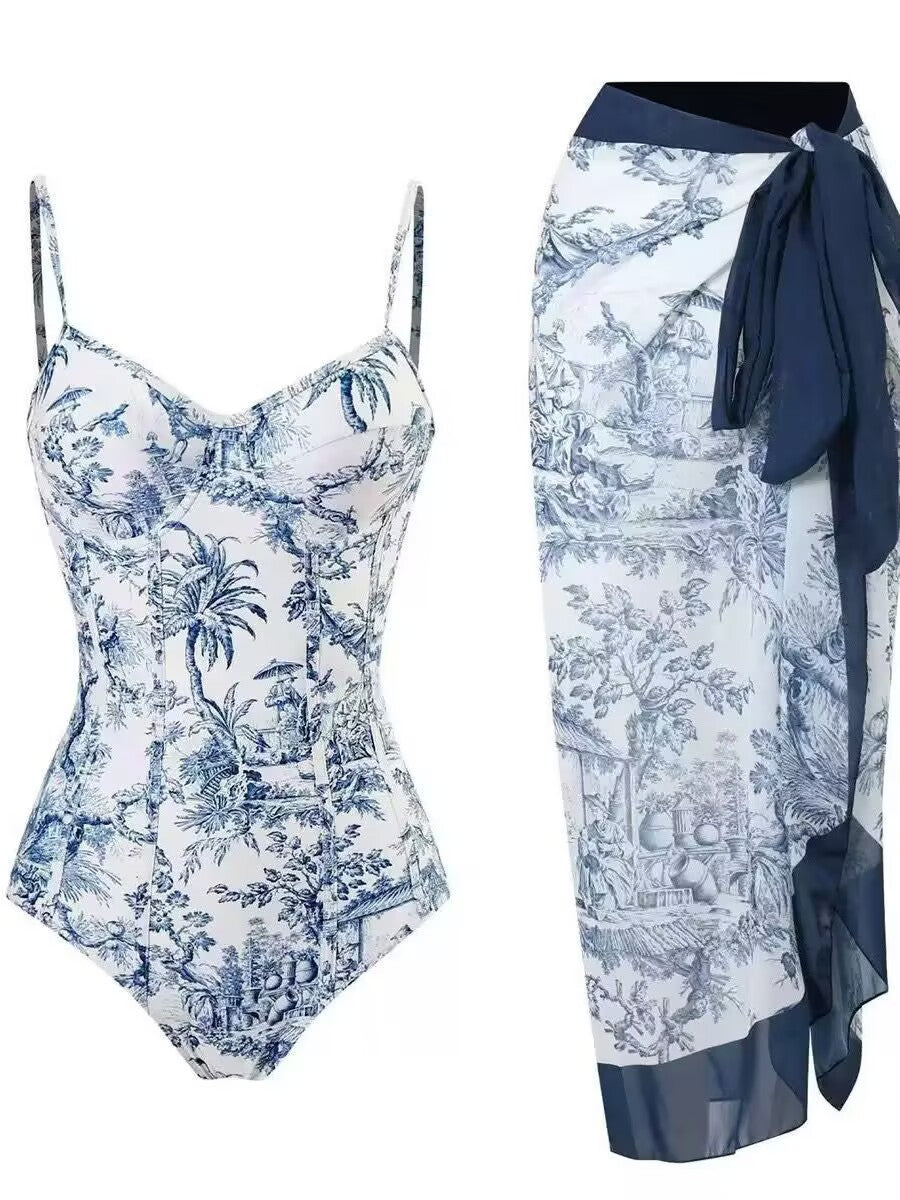 Damen Zweiteiliges Badeanzug-Set mit elegantem Wickelrock und floralem Druck EB