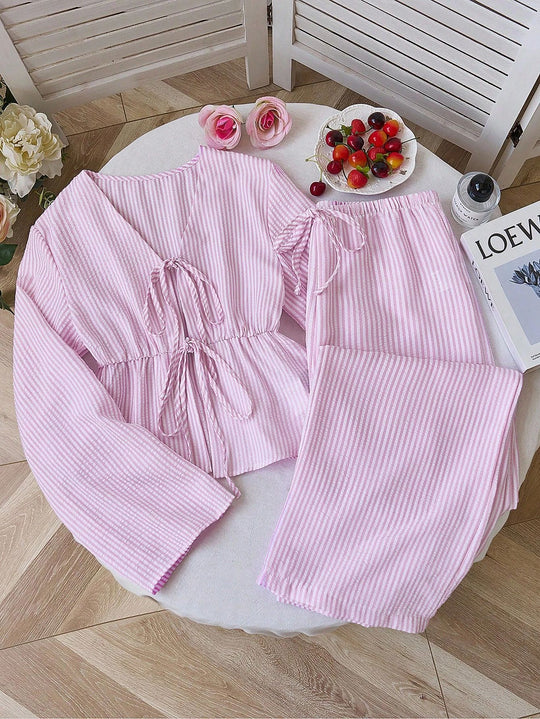 Damen nan gestreiftes Leinenähnliches Homewear-Set mit gerafftem Tunnelzugoberteil und elastischer Bundhose EB