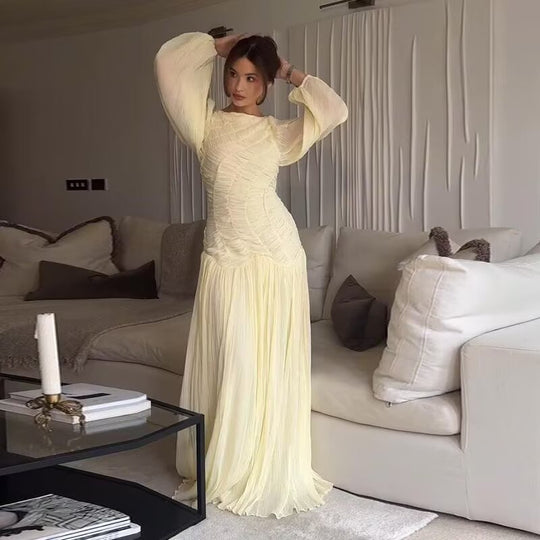 Damen Maxikleid mit eleganter Raffung und voluminösen Ärmeln EB
