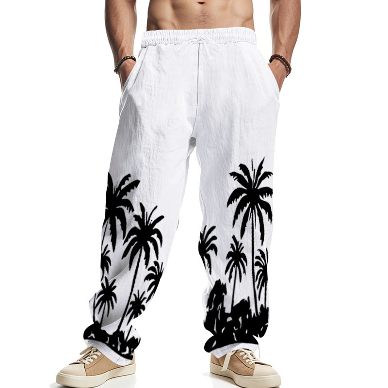Herren nan weite Freizeit-Hose aus Baumwoll-Leinen-Mix mit Palmenprint, Elastikbund und Kordelzug EB