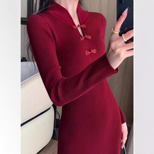 Damen Strickkleid mit hohem Kragen und seitlichem Schlitz EB