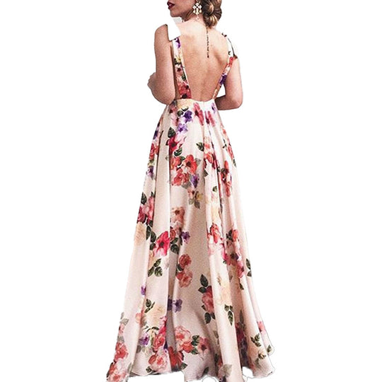 Damen elegantes Maxikleid mit floralem Design und seitlichem Schlitz EB