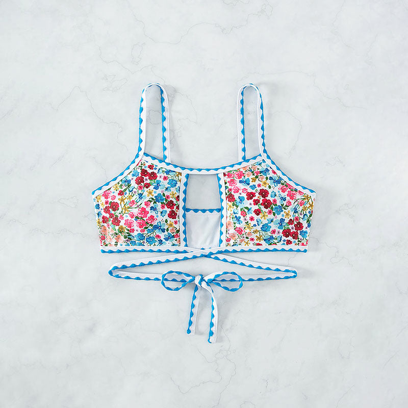 Damen Crop-Top Bikinioberteil mit floralem Design und verspielten Bindebändern EB
